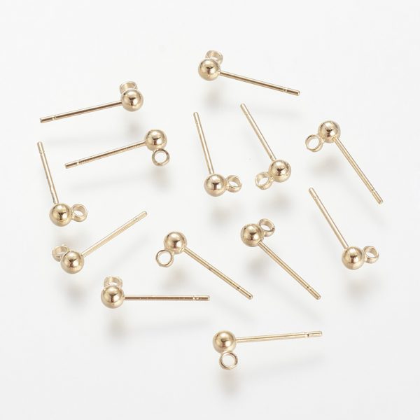 X KK T014 66G Real 18K Gold Plated Brass Ball Stud Earring Post, with Loop, Nickel Free, 6x4mm, Hole: 1mm; Pin: 0.8mm, 10 pcs/ bag