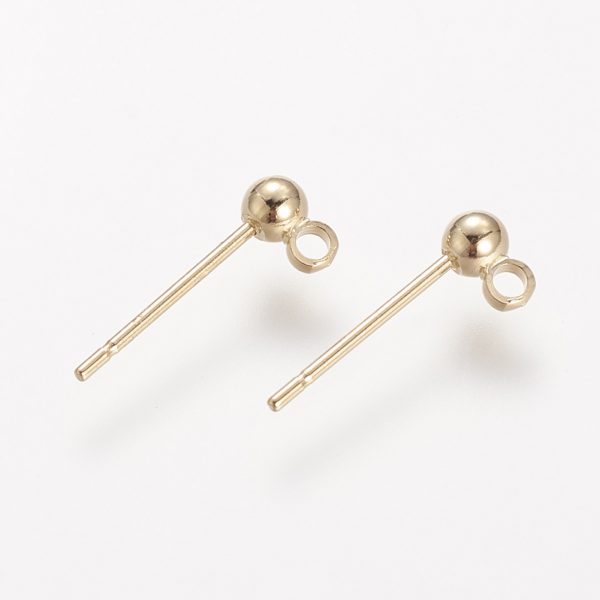 X KK T014 66G 1 Real 18K Gold Plated Brass Ball Stud Earring Post, with Loop, Nickel Free, 6x4mm, Hole: 1mm; Pin: 0.8mm, 10 pcs/ bag