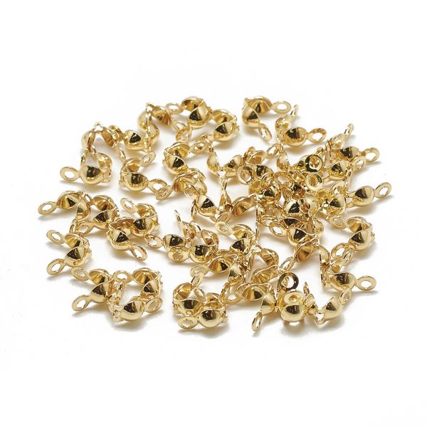 X KK T032 153G 1 Real 18K Gold Plated Brass Clamshell Bead Tips, 7x4mm, Hole: 1mm; Inner Diameter: 3mm, 20 pcs/ bag