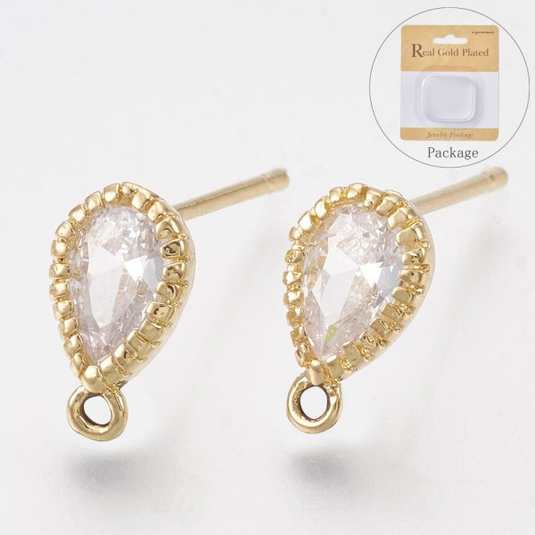 X KK T035 05 Real 18K Gold Plated Brass Teardrop Earring Studs with Loop, Cubic Zirconia, 9.5x5.5mm, Hole: 1mm; Pin: 0.8mm, 2 pcs/ bag