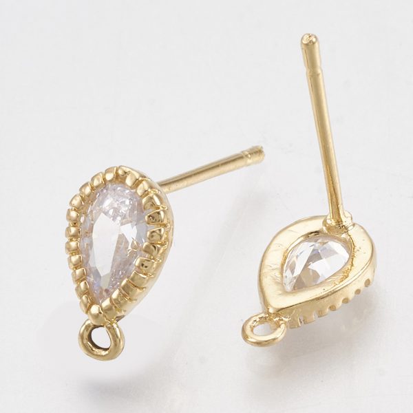 X KK T035 05 1 Real 18K Gold Plated Brass Teardrop Earring Studs with Loop, Cubic Zirconia, 9.5x5.5mm, Hole: 1mm; Pin: 0.8mm, 2 pcs/ bag