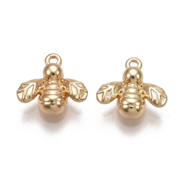 X KK T038 404G Real 18K Gold Plated Brass Bee Charms, Nickel Free, 8x8x2mm, Hole: 0.8mm, 2 pcs/ bag