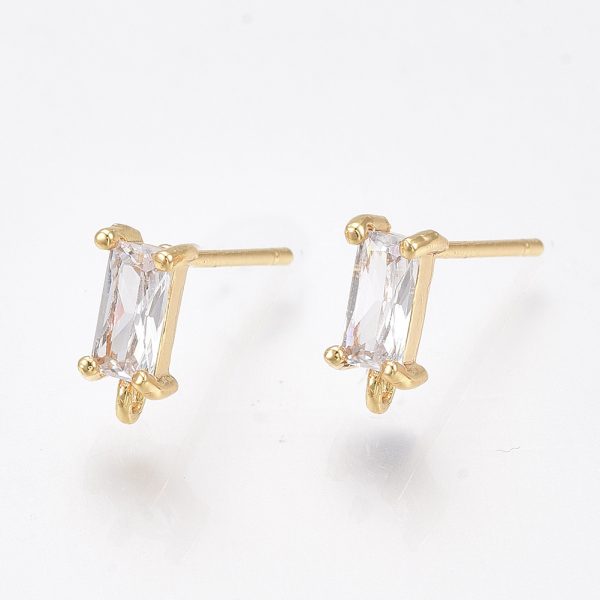 X KK T038 492C Real 18K Gold Plated Brass Rectangle Earring Post, Cubic Zirconia Charms, with 925 Sterling Silver Pins and Loop, 8.5x4mm, Hole: 0.8mm; Pin: 0.8mm, 2 pcs/ bag