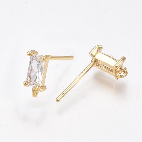 X KK T038 492C 1 Real 18K Gold Plated Brass Rectangle Earring Post, Cubic Zirconia Charms, with 925 Sterling Silver Pins and Loop, 8.5x4mm, Hole: 0.8mm; Pin: 0.8mm, 2 pcs/ bag