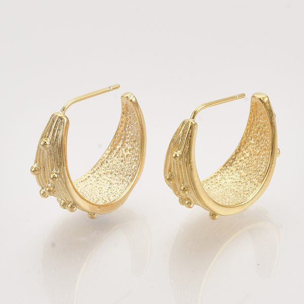X KK T048 036G NF 2 Real 18K Gold Plated Brass Stud Earrings, Half Hoop Earrings, Nickel Free, 17.5x9.5x21mm; Pin: 0.7mm, 2 pcs/ bag
