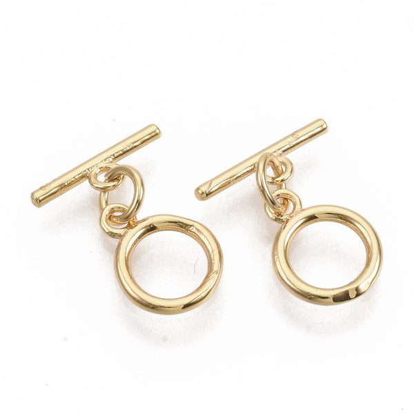 X KK T051 25G NF Real 18K Gold Plated Brass Ring Toggle Clasps, with Jump Rings, Nickel Free, Ring: 12x9x1.5mm, Hole: 1.2mm, Bar: 12.5x1.5mm, Hole: 1.2mm, Jump Ring: 5x0.8mm, 2 pcs/ bag