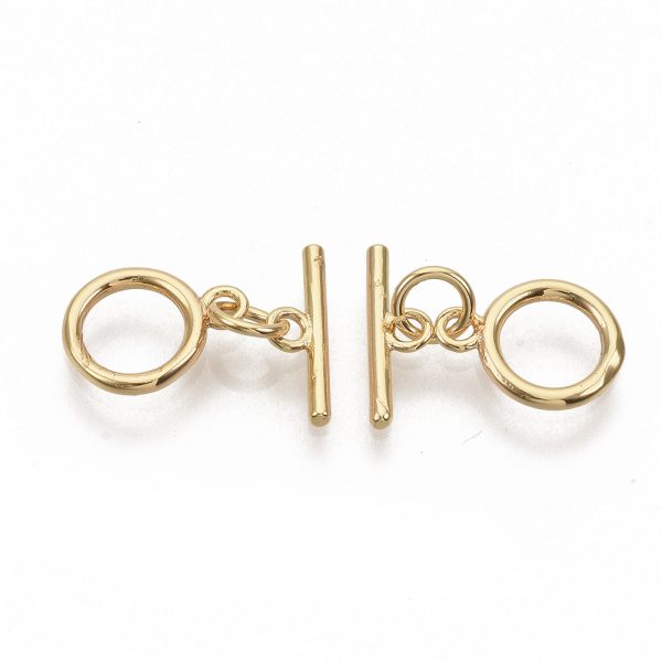 X KK T051 25G NF 1 Real 18K Gold Plated Brass Ring Toggle Clasps, with Jump Rings, Nickel Free, Ring: 12x9x1.5mm, Hole: 1.2mm, Bar: 12.5x1.5mm, Hole: 1.2mm, Jump Ring: 5x0.8mm, 2 pcs/ bag