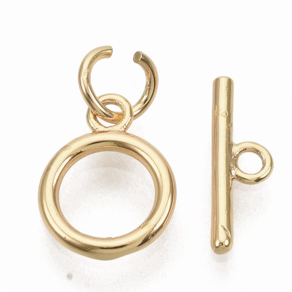 X KK T051 25G NF 2 Real 18K Gold Plated Brass Ring Toggle Clasps, with Jump Rings, Nickel Free, Ring: 12x9x1.5mm, Hole: 1.2mm, Bar: 12.5x1.5mm, Hole: 1.2mm, Jump Ring: 5x0.8mm, 2 pcs/ bag