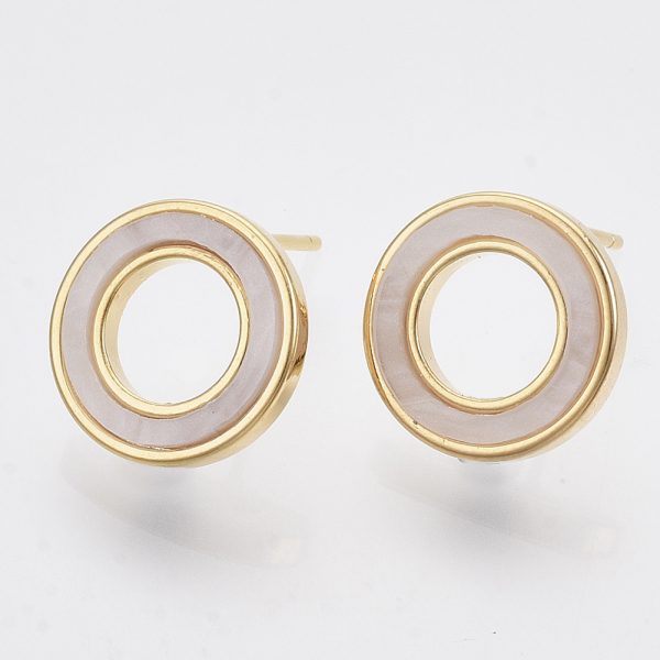 X KK T054 44G NF Real 18K Gold Plated Brass Ring Earring Studs, with Loop and 925 Sterling Silver Pins, Creamy White, Nickel Free, 12mm, Hole: 0.9mm, Pin: 0.7mm, 2 pcs/ bag