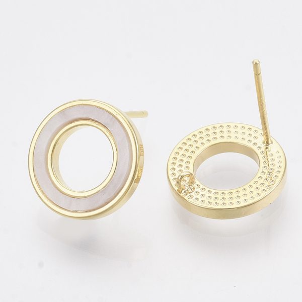 X KK T054 44G NF 1 Real 18K Gold Plated Brass Ring Earring Studs, with Loop and 925 Sterling Silver Pins, Creamy White, Nickel Free, 12mm, Hole: 0.9mm, Pin: 0.7mm, 2 pcs/ bag