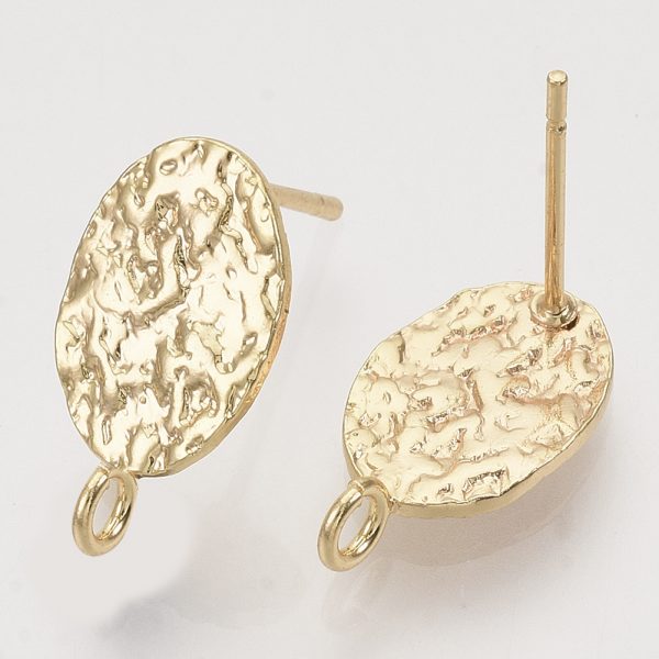 X KK T054 50G NF 1 Real 18K Gold Plated Brass Oval Earring Studs with Loop, Nickel Free, 16x8.5mm, Hole: 1.8mm, Pin: 0.8mm, 2 pcs/ bag