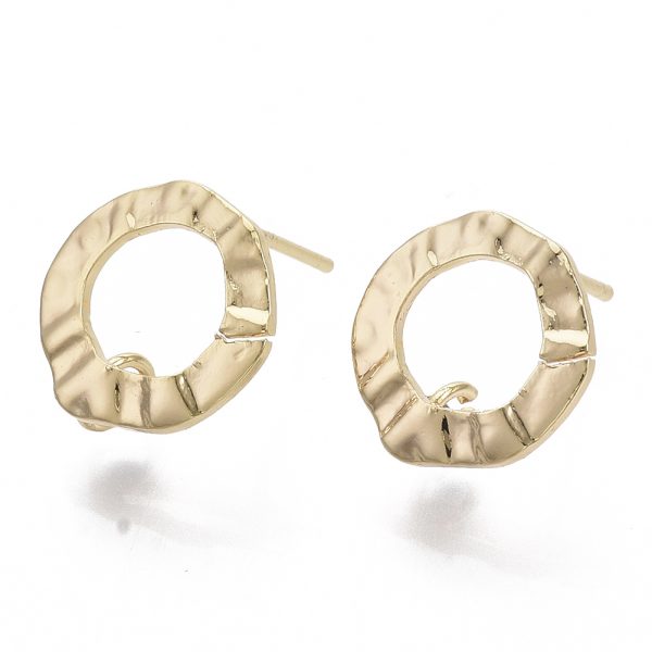 X KK T056 01G NF Real 18K Gold Plated Brass Ring Stud Earring Findings, with Loop and 925 Sterling Silver Pins, Nickel Free, 12.5x12mm, Hole: 2.5mm, Pin: 0.8mm, 2 pcs/ bag