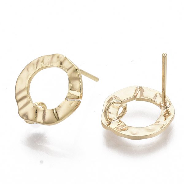 X KK T056 01G NF 1 Real 18K Gold Plated Brass Ring Stud Earring Findings, with Loop and 925 Sterling Silver Pins, Nickel Free, 12.5x12mm, Hole: 2.5mm, Pin: 0.8mm, 2 pcs/ bag