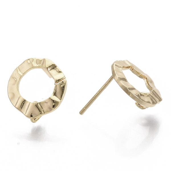X KK T056 01G NF 2 Real 18K Gold Plated Brass Ring Stud Earring Findings, with Loop and 925 Sterling Silver Pins, Nickel Free, 12.5x12mm, Hole: 2.5mm, Pin: 0.8mm, 2 pcs/ bag