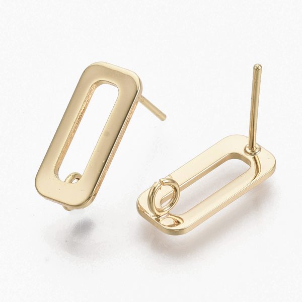X KK T056 10G NF 1 Real 18K Gold Plated Brass Open Rectangle Stud Earring Posts, with Loop and 925 Sterling Silver Pins, Nickel Free, 15.5x7mm, Hole: 2.5mm, Pin: 0.8mm, 2 pcs/ bag