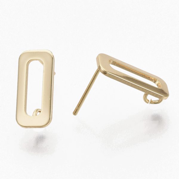 X KK T056 10G NF 2 Real 18K Gold Plated Brass Open Rectangle Stud Earring Posts, with Loop and 925 Sterling Silver Pins, Nickel Free, 15.5x7mm, Hole: 2.5mm, Pin: 0.8mm, 2 pcs/ bag