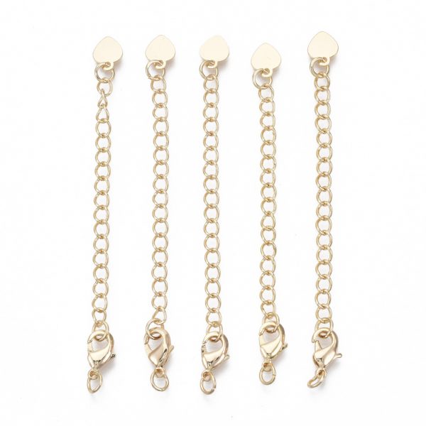 X KK T063 006 NF Real 18K Gold Plated Brass Heart Chain Extender, with Lobster Claw Clasps, Nickel Free, 70mm, Hole: 2.5mm, 5 pcs/ bag