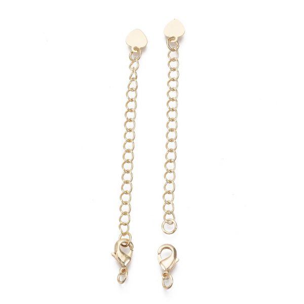 X KK T063 006 NF 1 Real 18K Gold Plated Brass Heart Chain Extender, with Lobster Claw Clasps, Nickel Free, 70mm, Hole: 2.5mm, 5 pcs/ bag