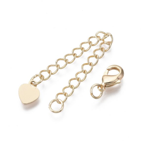 X KK T063 006 NF 2 Real 18K Gold Plated Brass Heart Chain Extender, with Lobster Claw Clasps, Nickel Free, 70mm, Hole: 2.5mm, 5 pcs/ bag