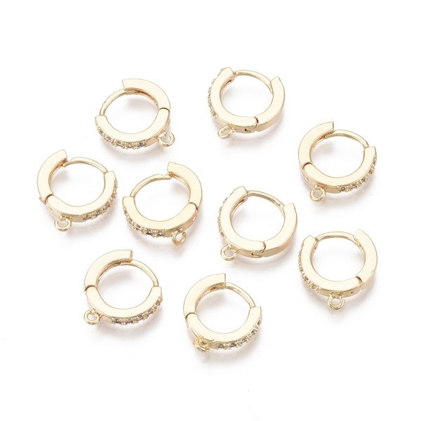 X KK T063 012 NF 2 Real 18K Gold Plated Brass Huggie Hoop Earring Findings, Micro Pave Cubic Zirconia, with Loop, Clear, Nickel Free, 13.5x12x2.5mm, Hole: 1mm, Pin: 0.8mm, 2 pcs/ bag