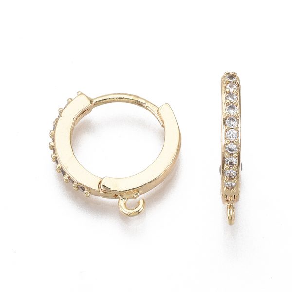 X KK T063 013 NF 2 Real 18K Gold Plated Brass Round Earring Findings, Micro Pave Cubic Zirconia Huggie Hoops, Nickel Free, 16x15x2mm, Hole: 1mm, Pin: 0.9mm, 2 pcs/ bag