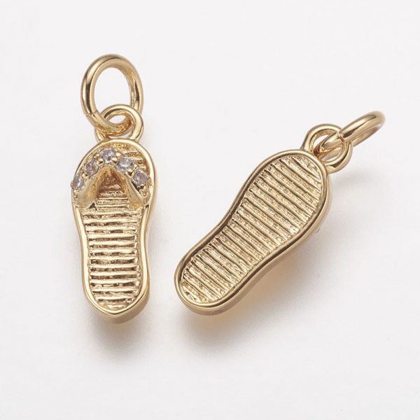 X ZIRC K059 12G NR Real 18K Gold Plated Brass Flip Flop Pendant, Micro Pave Cubic Zirconia Charms, Lead Free & Nickel Free & Cadmium Free, 14x5x3.5mm, Hole: 3mm, 1 pcs/ bag