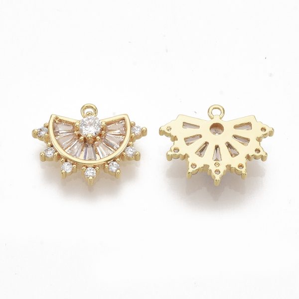 X ZIRC K082 037A 1 Real 18K Gold Plated Brass Fan Charms, Micro Pave Cubic Zirconia, 11.5x15x3.5mm, Hole: 1mm, 1 pcs/ bag
