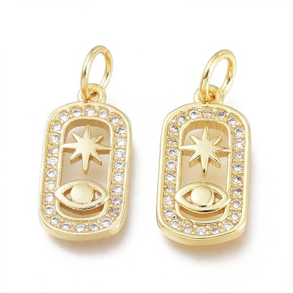 X ZIRC L076 053G Real 18K Gold Plated Brass Oval Charms with Star & Eye Inside with Jump Ring, Micro Pave Clear Cubic Zirconia Pendants, 13.5x8.5x2mm; Jump Ring: 5x0.7mm, 3.6mm Inner Diameter, 1 pcs/ bag