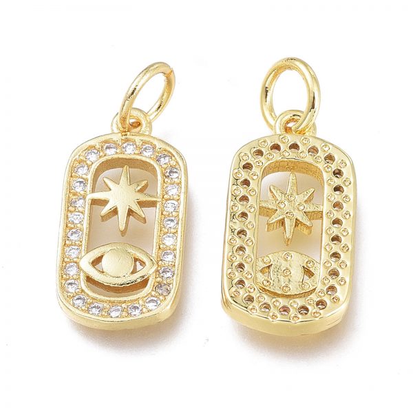 X ZIRC L076 053G 1 Real 18K Gold Plated Brass Oval Charms with Star & Eye Inside with Jump Ring, Micro Pave Clear Cubic Zirconia Pendants, 13.5x8.5x2mm; Jump Ring: 5x0.7mm, 3.6mm Inner Diameter, 1 pcs/ bag