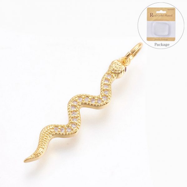 X ZIRC O026 22G NR Real 18K Gold Plated Brass Snake Pendants, Micro Pave Cubic Zirconia Charms, Lead Free & Nickel Free & Cadmium Free, Clear, 29x6x2mm, Hole: 3mm, 2 pcs/ bag