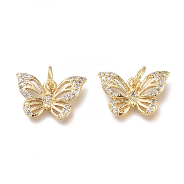X ZIRC Q024 11G Real 18K Gold Plated Brass Butterfly Charms with Jump Rings, Micro Pave Clear Cubic Zirconia Pendants, 14~15x9.5x2mm, Jump Ring: 5x1mm, Hole: 3.5mm, 1 pcs/ bag