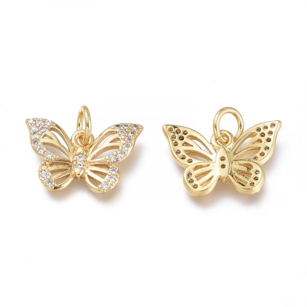 X ZIRC Q024 11G 1 Real 18K Gold Plated Brass Butterfly Charms with Jump Rings, Micro Pave Clear Cubic Zirconia Pendants, 14~15x9.5x2mm, Jump Ring: 5x1mm, Hole: 3.5mm, 1 pcs/ bag