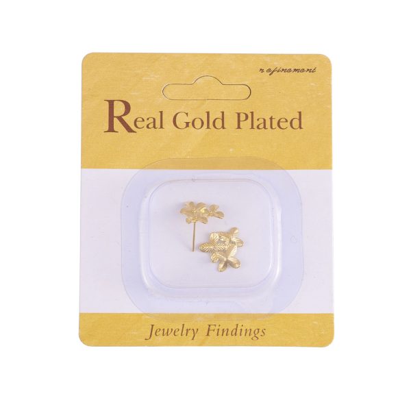 a051b9ef5a6d6de6cd72cbe4e3ee8612 Real 18K Gold Plated Brass Flower Earring Studs with Loop, Nickel Free, 14.5x15mm, Hole: 1mm; Pin: 0.8mm, 2 pcs/ bag