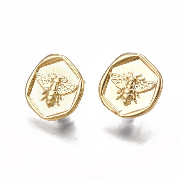 afc1e7aa10114e123b280fc7851ea8d4 Real 18K Gold Plated Brass Bee Earring Studs, Flat Round, with Loop and 925 Sterling Silver Pins, Nickel Free, 13~13.5x13.5mm, Hole: 2mm; Pin: 0.8mm, 2 pcs/ bag