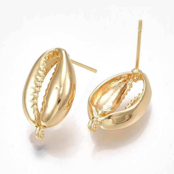 c75d6a352dca826fc1cd7884a69d9db8 Real 18K Gold Plated Brass Cowrie Shell Earring Studs with Loop, Nickel Free, 20x12mm, Hole: 1mm; Pin: 0.7mm, 2 pcs/ bag