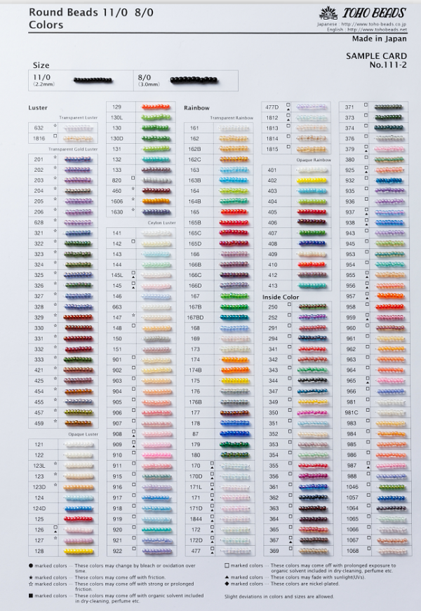 1112 TOHO Sample Cards | #111-2- 11/0 & 8/0 Round "Luster®, Rainbow®, Opaque®, Inside Color®" Beads, Limited Free Download