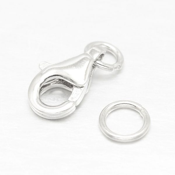 STER I010 9mm 1 Sterling Silver Lobster Claw Clasps with Jump Rings, 9x6x2.5mm, Hole: 3mm and 4mm, 10 Sets/ Bag